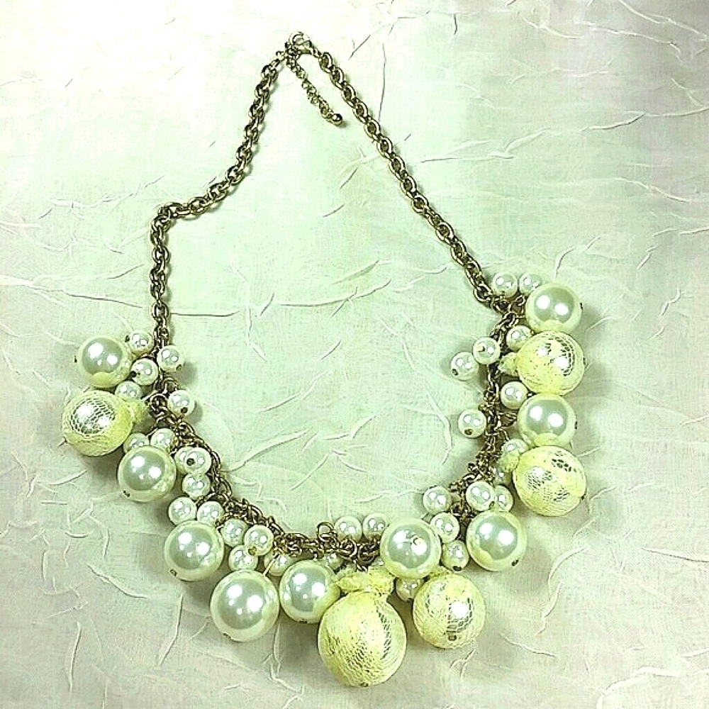 Pearl Statement Necklace 18" White Pearlized Beads Lace Wrapped Cha Cha Style